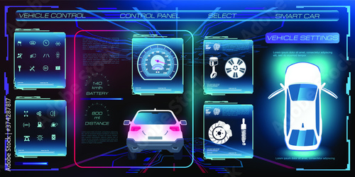 Virtual graphic touch user interface HUD. Car service station. Smart electric car. Management, analysis and diagnostics. Holographic panel with car parameters
