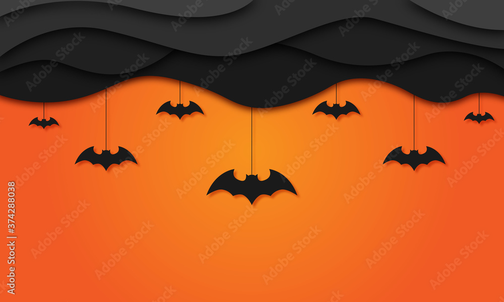 Hintergrund in Papierschnitt, Wolken und Fledermäuse hängen von der Decke. Orange/Schwarz Banner, Freisteller. Halloween