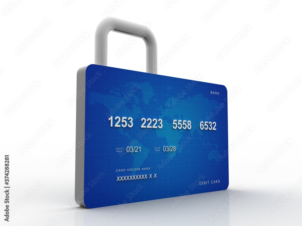 3d rendering credit or debit card protection lock 3d rendering credit or debit card protection lock