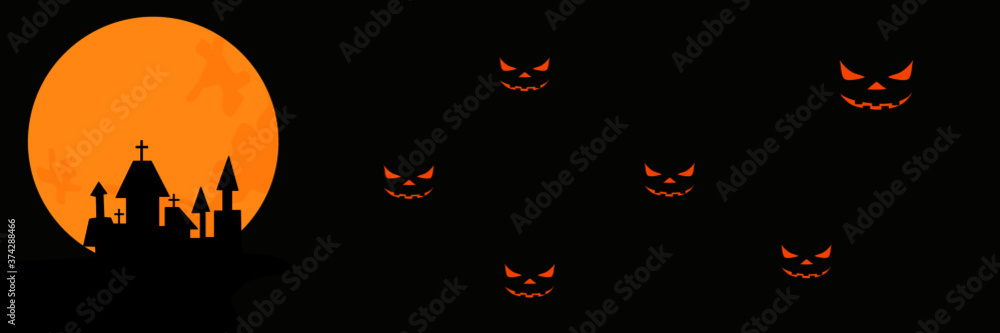halloween banner, full moon, house and monster eyes in the night with black background, vector illustration halloween banner, full moon, house and monster eyes in the night with black background, vector illustration