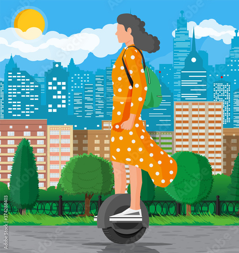 Girl on monocycle wheel. Woman with backpack riding electric self balancing scooter. Hipster character uses modern urban transport. Ecological, convenient city transportation. Flat vector illustration