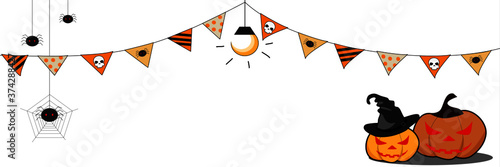 happy halloween banner, Pumpkin Jack, decorative flags and spider with white background, vector illustration