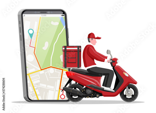 Smartphone with app and man riding motor scooter with the box. Concept of fast delivery in the city. Male courier with parcel box on his back with goods and products. Cartoon flat vector illustration