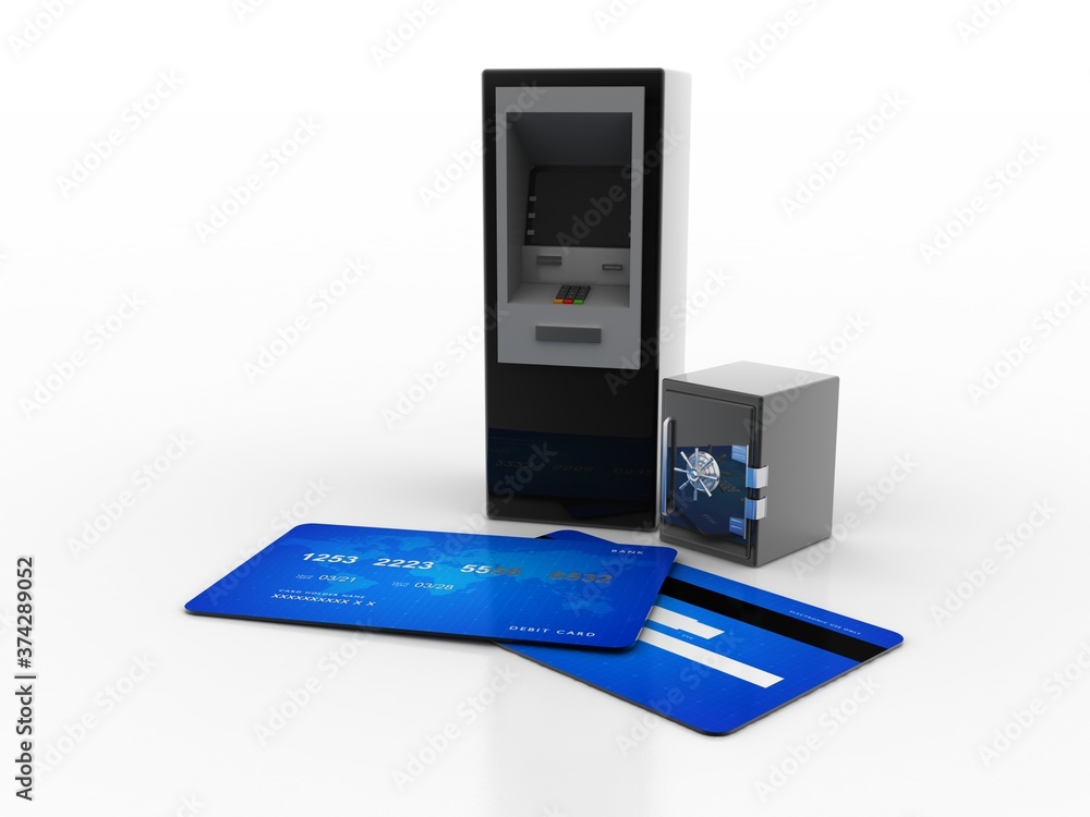 3d illustration Bank Cash ATM Machine with debit card 3d illustration Bank Cash ATM Machine with debit card