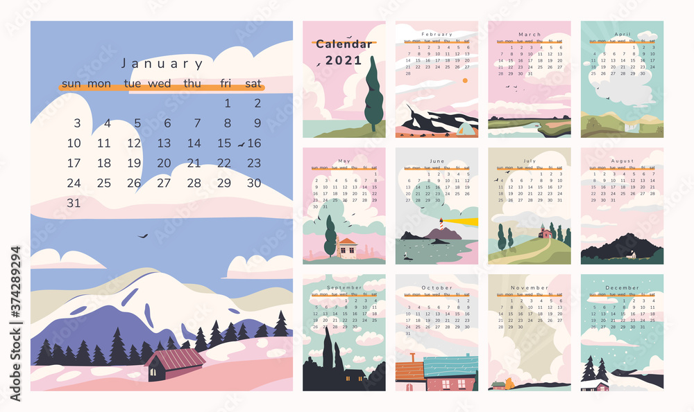 Beautiful landscape calendar for 2021. A4. Trendy vector illustrations.