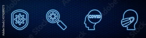 Set line Corona virus covid-19, Shield protecting from, Virus under magnifying glass and Face medical protective mask. Glowing neon icon on brick wall. Vector.
