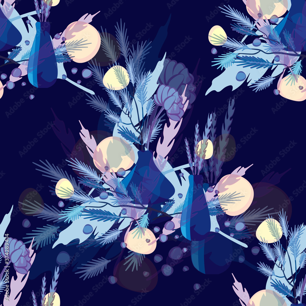 Plakat composition of plants in blue tones on dark deep blue background seamless pattern