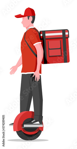 Delivery man riding monowheel with the box. Concept of fast delivery in the city. Male courier with parcel box on his back with goods and products. Cartoon flat vector illustration