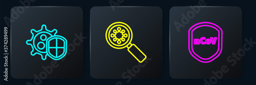 Set line Shield protecting from virus, and Virus under magnifying glass. Black square button. Vector.
