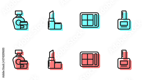 Set line Eye shadow palette, Cream or lotion cosmetic tube, Lipstick and Nail polish bottle icon. Vector.