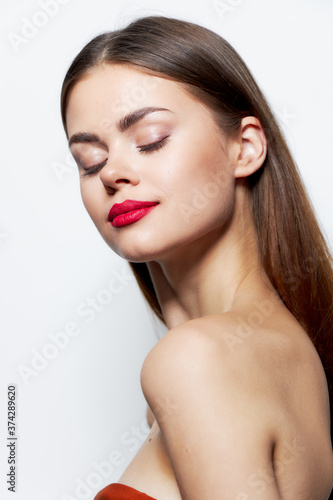 Girl Naked shoulders red lips closed eyes clear skin care