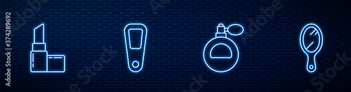 Set line Perfume, Lipstick, Hand mirror and . Glowing neon icon on brick wall. Vector.