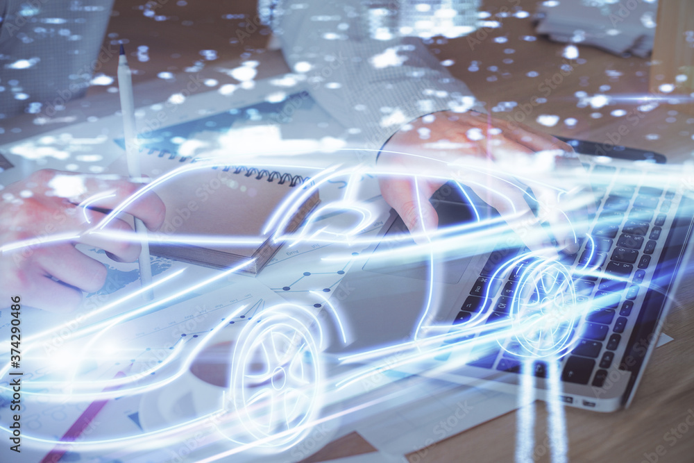 Obraz premium Automobile theme drawing with businessman working on computer on background. Autopilot taxi concept. Double exposure.