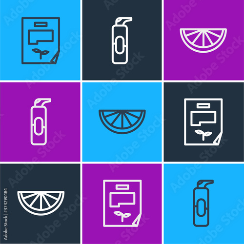 Set line Leaf document, Citrus fruit and Spray can for hairspray icon. Vector.