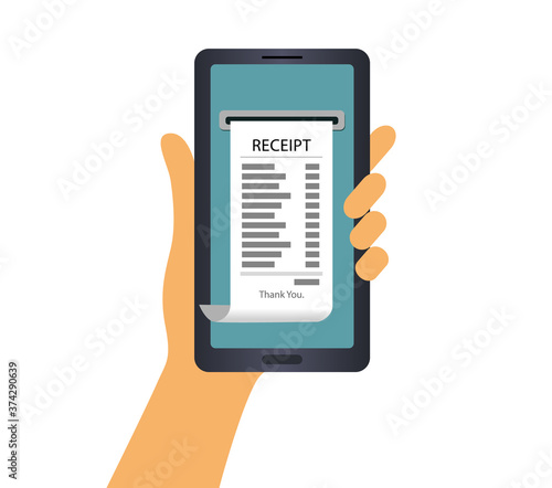 A woman s hand is holding a smartphone, and the order receipt is displayed on the screen. Online store or order a taxi. Vector illustration in flat style.