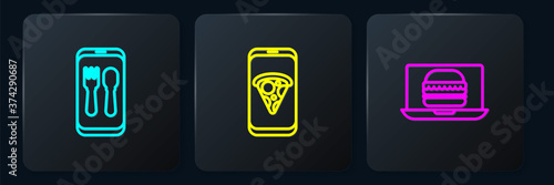 Set line Online ordering and delivery, burger and Food pizza. Black square button. Vector.