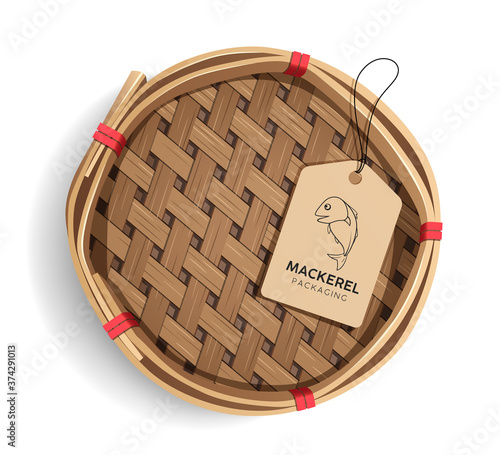 Packaging mackerel basket, product realistic template design with label fish isolated on white background, Eps 10 vector illustration