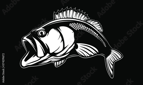 Fishing bass logo. Bass fish with rod club emblem. Fishing theme illustration. Fish Isolated on white.
