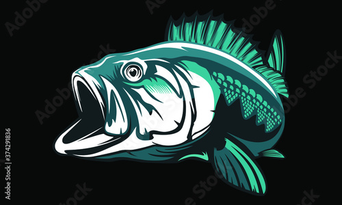Fishing bass logo. Bass fish with rod club emblem. Fishing theme illustration. Fish Isolated on white.