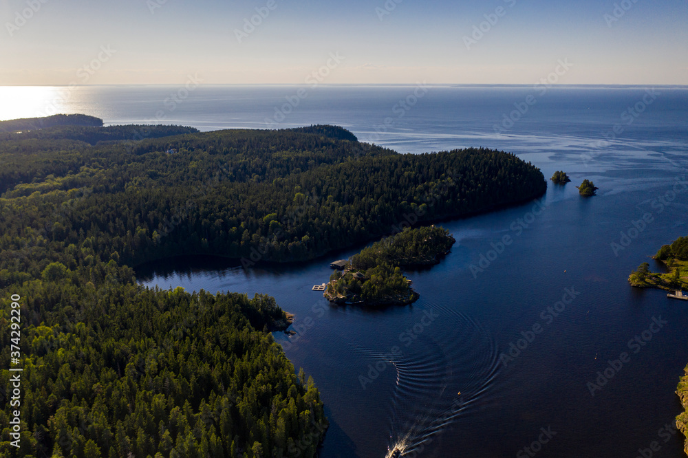 Obraz premium the ancient monastery of Valaam and nearby skerries filmed from a drone
