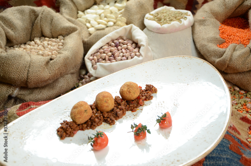 traditional turkish ottoman food in front of legume family sacks traditional turkish ottoman food in front of legume family sacks