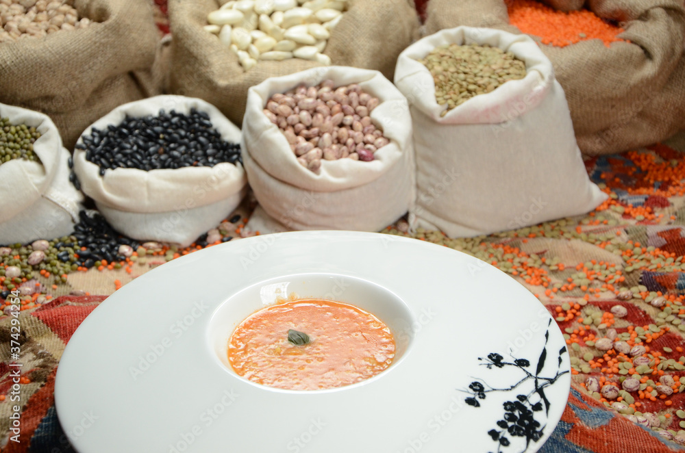 traditional turkish cuisine soup in front of legume family sacks traditional turkish cuisine soup in front of legume family sacks