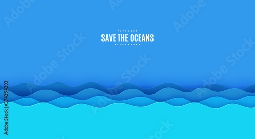 Wavy border in paper cut style. World Oceans Day 8 June cut out from cardboard blue waves. Vector 3d ecological poster cut out from paper. Craft save the sea card. Origami water for your design