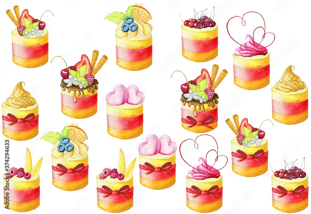 Watercolor hand painted cakes collection with sixteen cakes isolated on the white background.