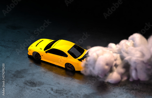 Aerial View of a Yellow Luxury Sports Car Drifting with Smoke. 3D Rendering.