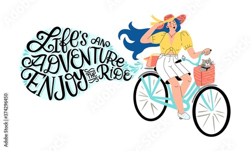 Girl on a retro bike with lettering life is adventure, enjoy the ride.