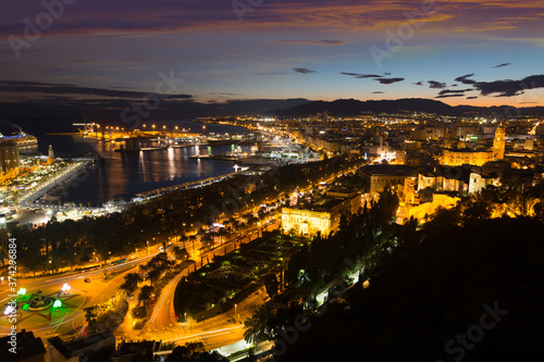 Aerial view of Malaga and Mediterranean in evening time