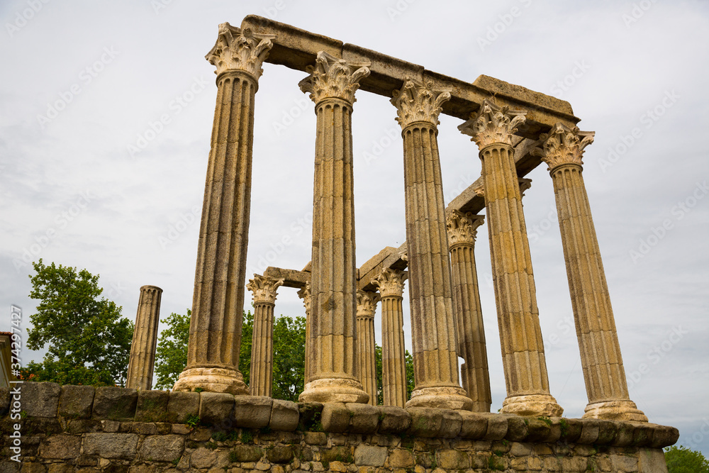 Bottom view of famous Roman temple of Evora, Portugal