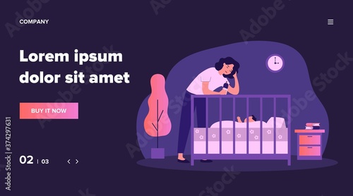 Depressed tired mom giving bottle to baby. Sad sleepy new mother leaning on crib to feed newborn child. Flat vector illustration for postnatal anxiety, postpartum depression, maternity blues concept