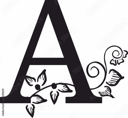 decorative letter A with patterns and flowers
