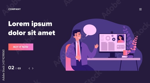 Business colleagues chatting online and discussing project. App for work, conference call, workflow flat vector illustration. Teamwork, lockdown concept for banner, website design or landing web page