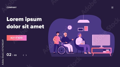 Cheerful diverse people watching TV. Senior couple, assistant, disabled man in wheelchair flat vector illustration. Leisure time, movie, show concept for banner, website design or landing web page