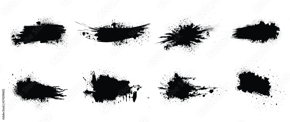 Black paint vector. Spray Paint Elements, ink brush strokes, Black splashes set, Black grunge with frame, Dirty artistic design elements,  boxes, lines, frames for text.