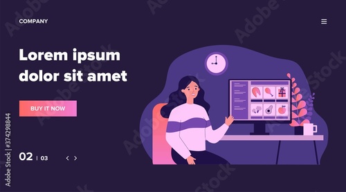 Customer choosing food in online grocery store. Woman at computer, internet shop flat vector illustration. Service, food order during lockdown concept for banner, website design or landing web page