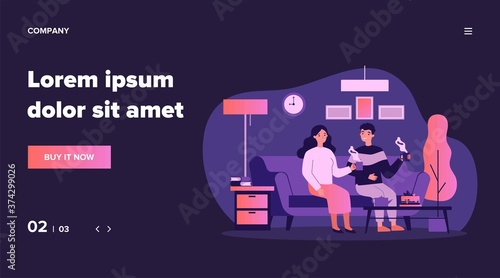 Couple in love sitting together at sofa with cups of coffee and talking flat vector illustration. Man and woman living in apartment Romantic relations and home concept