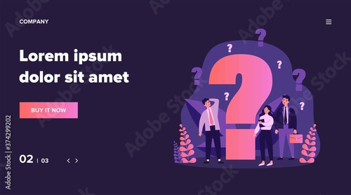 Confused businesspeople asking questions. Puzzled cartoon characters searching answers and problem solution near big question mark. Vector illustration thinking, help, assistance, trouble for concept