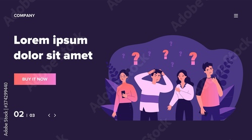 Concerned people solving problem. Depressed guys and girls looking for answers flat vector illustration. Challenge and question concept for banner, website design or landing web page