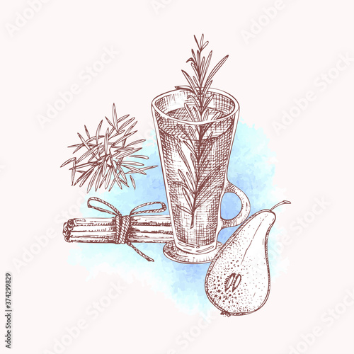 Alcoholic cocktail drink Hand drawn sketch art on watercolor background Vodka, whiskey, wine Vintage design for bar, restaurant, cafe menu, flyer, banner, poster Engraving style vector illustration