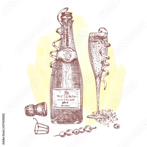 Alcoholic cocktail drink Hand drawn sketch art on watercolor background Champagne, bubbly, fizz Vintage design for bar, restaurant, cafe menu, flyer, banner, poster Engraving style vector illustration