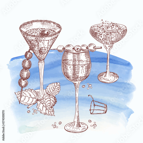 Alcoholic cocktail drink Hand drawn sketch art on watercolor background Champagne, bubbly, fizz Vintage design for bar, restaurant, cafe menu, flyer, banner, poster Engraving style vector illustration