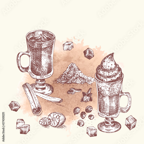 Alcoholic cocktail drink Hand drawn sketch art, watercolor background Irish coffee, eggnog Christmas bar Vintage design for restaurant, cafe menu, flyer, banner Engraving style vector illustrations