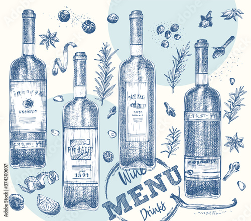 Set bottles red or white wine and christmas spices Vintage hand drawn sketch design bar, restaurant, cafe menu Realistic engraving style Creative template flyer, banner, poster Graphic vector art