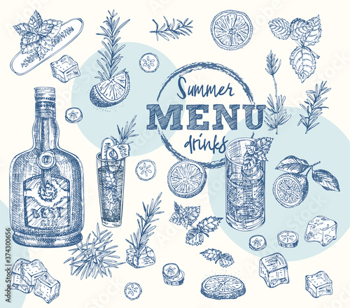 Set bottles Gin, rosemary, citrus, mint, cucumber Vintage hand drawn sketch design bar, restaurant, cafe menu Realistic engraving style Creative template for flyer, banner, poster Graphic vector art