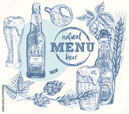Set bottles craft, organic beer, glass, wheat ear, hop. Vintage hand drawn sketch design bar, restaurant, cafe menu Realistic engraving style Creative template for flyer, poster Graphic vector art
