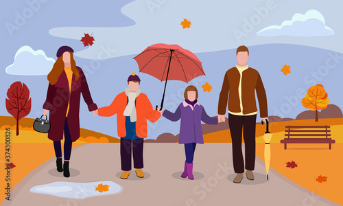 Happy family with umbrellas is walking in a beautiful autumn park. The concept of family outdoor recreation outside the city in the countryside. Vector illustration