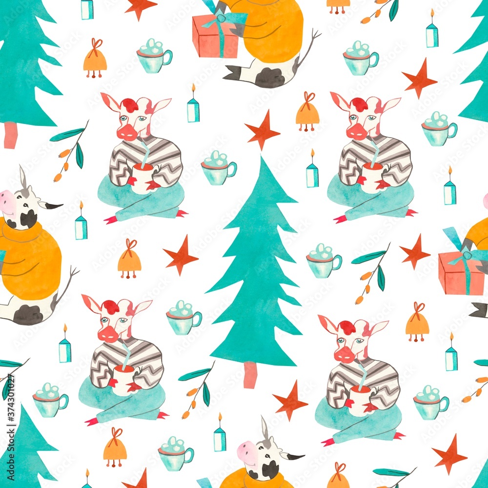 Seamless pattern with Christmas tree steers,a candle,a bell.Print with Christmas cow in brown,orange,blue color on white isolated background, design for wrapping paper,textile,wallpaper. Seamless pattern with Christmas tree steers,a candle,a bell.Print with Christmas cow in brown,orange,blue color on white isolated background, design for wrapping paper,textile,wallpaper.
